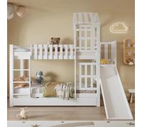 Cama superpuesta para niños - Cama infantil - Cama litera - Cama alta - Cama superpuesta con tobogán - Blanca - 90x200 cm