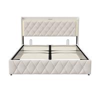 Cama tapizada 140x190 cm con canapé abatible, cabecero LED RGB, estación de carga y terciopelo beige
