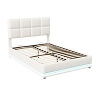 Cama Tapizada 140x190 cm con Canapé Abatible Hidráulico, LED RGB con Mando, Cabecero Acolchado de PU Blanco, Gran Espacio de Almacenaje, Somier de Láminas, sin Colchón