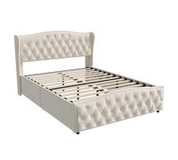 Cama tapizada 140x190 cm en terciopelo blanco crema con canapé abatible, cabecero ondulado con tachuelas y somier de láminas