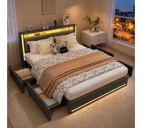 Cama Tapizada 140x190 con Espacio de Almacenamiento, Cama Matrimonial con Toma USB y luz LED, Cama Juvenil con 4 Cajones, Estructura de Cama con cabecero y somier, Tela de Lino, Sin Colchón, Gris