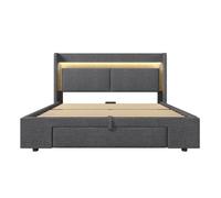 Cama tapizada 140x200 cm - almacenamiento hidráulico, led, usb/usb-c, cabecero con cajón - gris