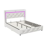 Cama Tapizada 140x200 cm con Canapé Abatible Hidráulico, LED RGB en Cabecero, Puerto USB y Tipo C, Tapizado PU Blanco con Capitoné y Cristales, Somier de Láminas, sin Colchón