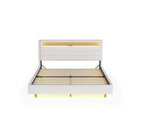 Cama tapizada 140x200 cm - con puerto usb y luz led, cabecero reversible, pie oculto, cama doble, cama juvenil, cama para adultos - beige