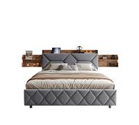 Cama Tapizada 140x200 cm Gris para Dormitorio, Cabecero Inclinado con Almacenaje Extraíble, Cajones Inferiores y Estructura de Acero y Madera
