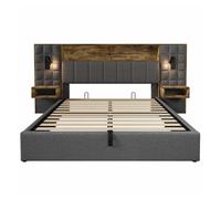 Cama tapizada 160x200 cm - almacenaje, led, 2 lámparas de lectura, 2 mesitas de noche integradas, puerto usb type-c, tejido de lino, somier incluido - gris