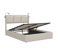 Cama Tapizada 160x200 cm Beige con Canapé Abatible Hidráulico, Luces de Lectura LED y USB