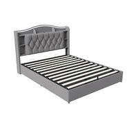 Cama tapizada 160x200 cm con canapé abatible, cabecero con estantes, LED RGB y carga USB/inalámbrica, terciopelo gris