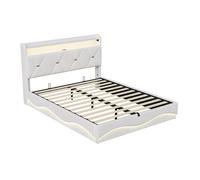 Cama tapizada 160x200 cm con canapé abatible, LED RGB, cabecero con estante, USB y Type-C, terciopelo beige