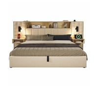 Cama tapizada 160x200 cm - con espacio de almacenamiento, led, 2 lámparas de lectura, 2 mesitas de noche integradas, puerto usb type-c, tejido de lino, sistema de cama - beige