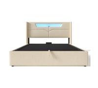 Cama tapizada 160x200 cm - led, puerto usb y tipo-c, canapé abatible con almacenamiento, somier incluido, tejido de lino - beige