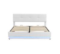 Cama tapizada 180x200 cm - con led, almacenamiento hidráulico, base de madera, cuero sintético - blanco