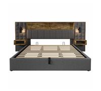 Cama tapizada 180x200 - con almacenamiento, led, 2 lámparas de lectura, 2 mesitas integradas, puerto de carga usb type-c, tejido de lino, con somier, sin colchón - gris