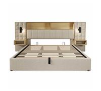 Cama tapizada 180x200 - con almacenamiento, sistema cama, led y 2 lámparas de lectura, 2 mesillas integradas, puerto de carga usb tipo-c, tejido de lino, somier incluido, sin colchón - beige