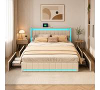 Cama Tapizada 180x200 con Espacio de Almacenamiento, Cama Matrimonial con Toma USB y luz LED, Cama Juvenil con 4 Cajones, Estructura de cama con cabecero y somier, Tela de Lino, Sin Colchón, Beige