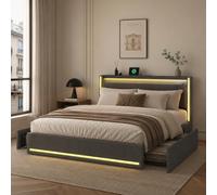 Cama Tapizada 180x200 con Espacio de Almacenamiento, Cama Matrimonial con Toma USB y luz LED, Cama Juvenil con 4 Cajones, Estructura de cama con cabecero y somier, Tela de Lino, Sin Colchón, Gris