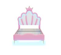 Cama tapizada 90x200/140x200 cm con cabecero en forma de corona, tapizado PU, LED y somier de láminas, color blanco o rosa Pink 90x200 cm