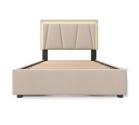 Cama tapizada 90x200cm - con led, 2 cajones, cabezal ajustable, base de madera, beige