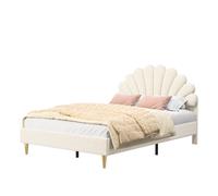 Cama tapizada beige 140x200 cm de terciopelo con cabecero pétalo, cama doble moderna con somier de láminas y patas doradas para dormitorio matrimonial y juvenil