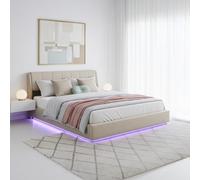 Cama tapizada con iluminación LED, modelo "Tröstiar", con cajón para ropa de cama, tamaño 180 x 200 cm, color beige