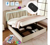 Cama tapizada con luces LED, diseño de cama doble con función de carga USB tipo C, estructura de cama con espacio de almacenamiento, ideal para jóvenes, tamaño 160x200 (sin colchón)