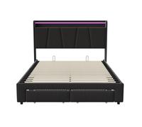 Cama tapizada de 140 x 190 cm con usb tipo c, cama doble juvenil con 2 cajones, somier de láminas, led, lino gris oscuro