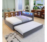 Cama tapizada de 140 x 200 cm, cama infantil con cama nido de 90 x 190 cm y | Cama doble con luces LED y enchufes y cabecero tapizado, cama funcional, sofá cama para adultos y adolescentes, franela