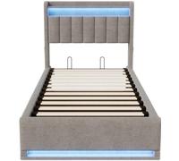 Cama tapizada de 140x190 cm - Mueble de dormitorio de terciopelo con espacio de almacenamiento y puerto USB - Gris