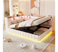 Cama tapizada de 140x200 con compartimentos de almacenamiento en la cabecera y luces LED, cama tipo sofá con toma de corriente y cajón, cuna infantil en color beige, sin colchón