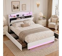 Cama tapizada de 160 x 200 cm con LED, cama doble con cabecero de almacenamiento, cama de almacenamiento con 4 cajones, estructura de cama con somier, cama juvenil, cama funcional de tela, beige