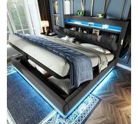 Cama tapizada de 160x200 cm, cabecero con espacio de almacenamiento y función de carga USB y Tipo-C, cama doble con sistema de almacenamiento hidráulico, estructura de cama con LED y somier, color lin