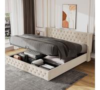 Cama tapizada de 160x200 cm, cama matrimonial con sistema hidráulico y espacio de almacenamiento, cajón para ropa de cama, doble hilera de clavijas, confeccionada en franela, sin colchón - color beige