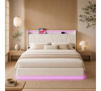 Cama tapizada de 160x200 cm con puerto de carga USB e iluminación LED, cama flotante | Cama doble moderna en color crema, con cabecero acolchado y cargador inalámbrico, diseño de cama matrimonial con 