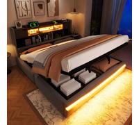 Cama tapizada de 180x200, cama doble con puertos USB y Type-C, cama juvenil con iluminación LED, cama funcional con compartimentos abiertos, cama con sistema hidráulico y espacio de almacenamiento, co