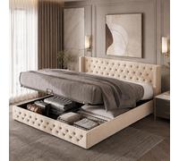 Cama tapizada de 180x200 cm, cama matrimonial con sistema hidráulico y espacio de almacenamiento, estructura de somier, doble hilera de muelles, confeccionada en franela, sin colchón - color beige