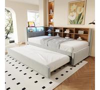 Cama tapizada de 90 x 200 cm, cama infantil con cama nido de 90 x 190 cm y | Cama individual con luces LED y enchufes y cabecero tapizado, cama funcional, sofá cama para adultos y adolescentes, franela