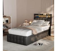 Cama tapizada de 90 x 200 cm con espacio de almacenamiento, cama de piel | Cuero sintético negro, cabecero y reposapiés de iluminación LED, base de carga USB, estante de madera