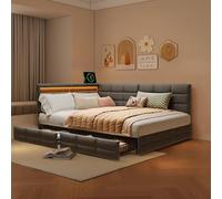 Cama tapizada doble cama de día 140x190 con 2 cajones de almacenamiento, cama sofá juvenil con USB, cama con almacenamiento, cama funcional con suelo de lamas, cama infantil con cabecera LED, sin