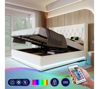 Cama tapizada doble Sweiko, 140*200 cm, color blanco, fabricada en material de poliuretano. Cama con sistema hidráulico de almacenamiento, cabecero acolchado con función de carga USB tipo C, y sistema