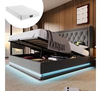 Cama tapizada doble Sweiko, 140*200 cm, color gris, tapizada en algodón. Cama con espacio de almacenamiento hidráulico, cabecero acolchado con función de carga USB tipo C, iluminación LED en 3 lados (