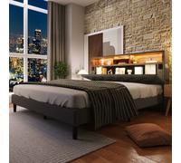 Cama tapizada Flieks, cama de madera maciza de 140x200 cm con tapicería de cuero y cabecero con espacio de almacenamiento. Cama doble, cama para jóvenes, cama de matrimonio