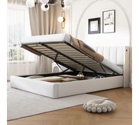 Cama tapizada Flieks de 140x190 cm con USB, cama con espacio de almacenamiento, cama doble con somier y cabecero ajustable, cama tipo boxspring para jóvenes con LED, tapizada en PU, color blanco