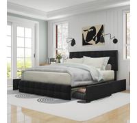 Cama tapizada Flieks de 140x200 cm, cama doble con cajones y somier, cama con almacenamiento, cama funcional, cama de madera, cama para parejas, cama juvenil, material de lino, color
