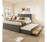 Cama tapizada Flieks de 140x200 cm, cama doble con cama nido extraíble, estructura de madera maciza con somier y 3 cajones. Cama con almacenamiento, cama para invitados, sofá cama