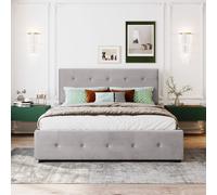 Cama tapizada Flieks de 140x200 cm con 4 cajones, cama doble con espacio de almacenamiento, somier y cabecero ajustable en altura, cama de madera para jóvenes, color gris, tapizada en terciopelo