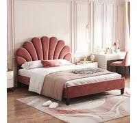 Cama tapizada Flieks de 140x200 cm, con cabecero de terciopelo con diseño de flores y somier. Cama doble, cama para niños, ideal para mujeres, niños, jóvenes