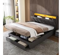 Cama tapizada Flieks de 140x200 cm con cajón, cama con somier y espacio de almacenamiento, cama doble con tapicería de cuero y cabecero con espacio de almacenamiento, cama juvenil con espacio de almac
