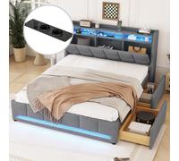 Cama tapizada Flieks de 140x200 cm con función de almacenamiento, cama doble con espacio de almacenamiento y 2 cajones, cama de madera para jóvenes con LED y somier, color gris, material: lino