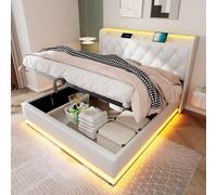 Cama tapizada Flieks de 140x200 cm con función de almacenamiento (USB y Tipo-C), cama juvenil, cama doble con espacio de almacenamiento y luces LED, cama box con sistema hidráulico, tapizada en PU, co