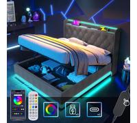 Cama tapizada Flieks de 140x200 cm con función de almacenamiento (USB y Tipo-C), cama juvenil, cama doble con espacio de almacenamiento y luces LED, cama box con sistema hidráulico, color lino, gris